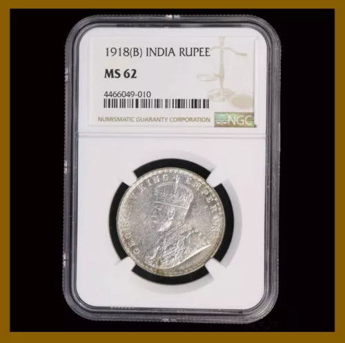 British India 1 Rupee, 1918 (B) Bombay NGC MS 62 King George V 4466049-010