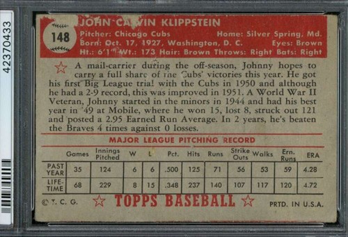 1952 Topps Rare Gray Back #148 Johnny Klippstein PSA 1 Cubs  (0433) - Foto 2 di 2