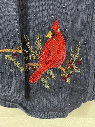 Quacker Factory Cardinal Cardigan Sweater Size 3X Zipper Navy Blue Red Birds - Picture 6 of 16