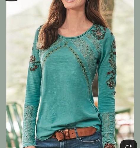 Sundance Long Sleeve Beaded Detail Embroidered Lace Round Neck Turquoise Sm
