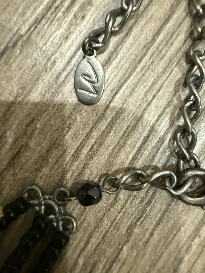 Napier Black Beaded Multi-Strand Choker Necklace Silver Tone Teardrop Dangles - Image 2 of 4