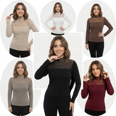 Damen Spitzenoberteil Hochwertigebluse Elegantes Business Langarmshirt Slim DE