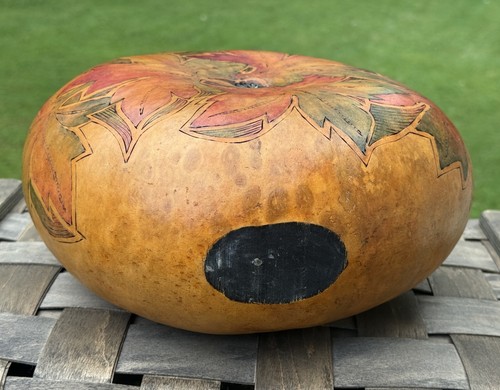 Beautiful Gourd Vase Hand Painted Leaf Design Etched Folk Art Fall Decor 12” - Picture 8 of 12