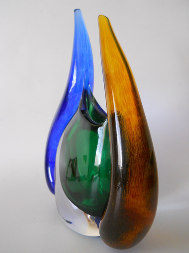 Young and Constantin Studio Art Glass Vase Blue, Amber w/Green Bowl Signed 9" - Picture 2 of 12