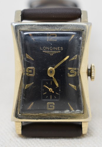 Vintage c. 1950 Longines Herren Sanduhr Tank Armbanduhr schwarzes Zifferblatt 10k GF Cal 9L - Bild 2 von 15