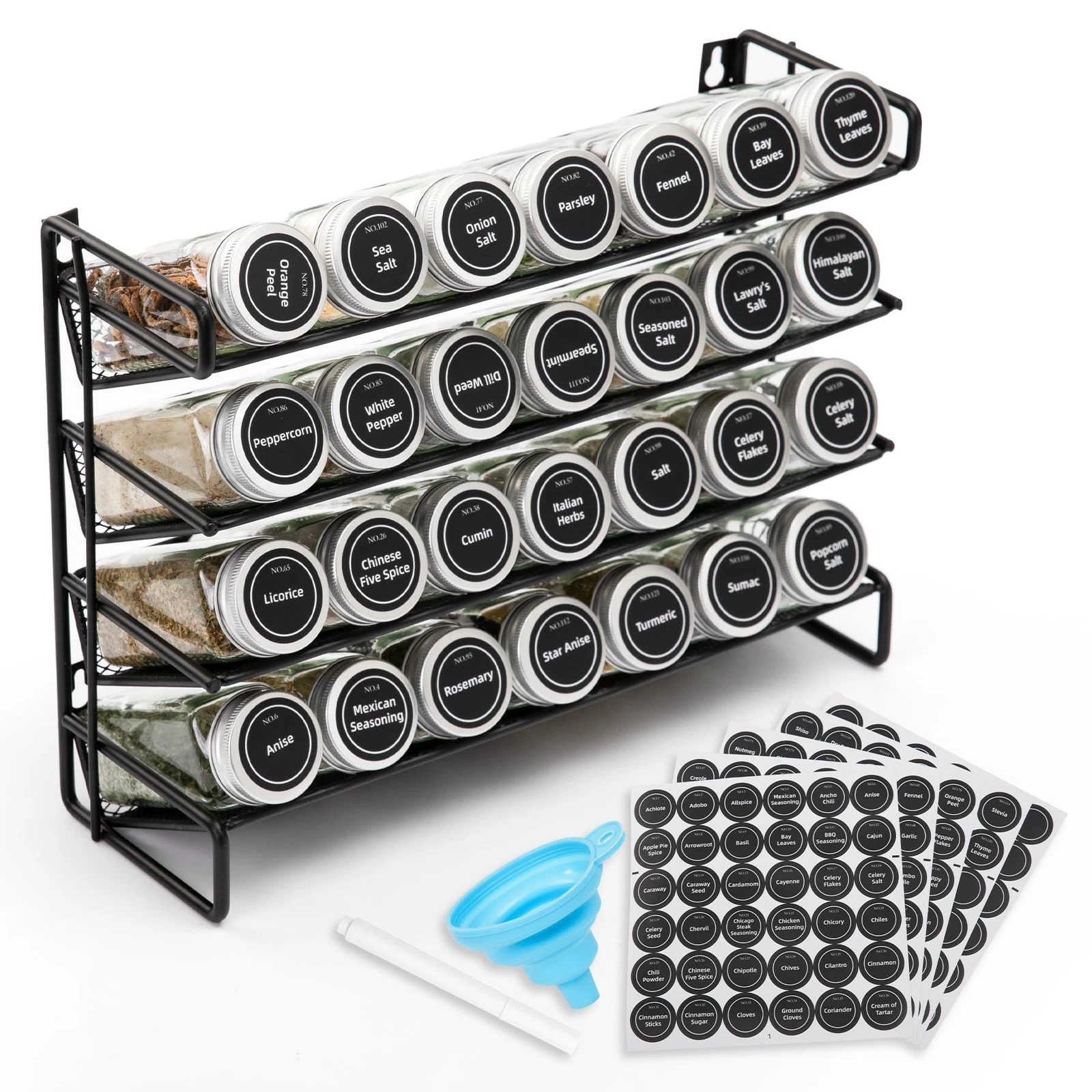 4-Tier Spice Rack Organizer Set – Wall Mounted or Countertop – Includes 28 Gl...