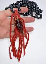 Necklace Arrowhead Charm Gold Edges Red Fringe Suede Black Beaded Knotted 60"