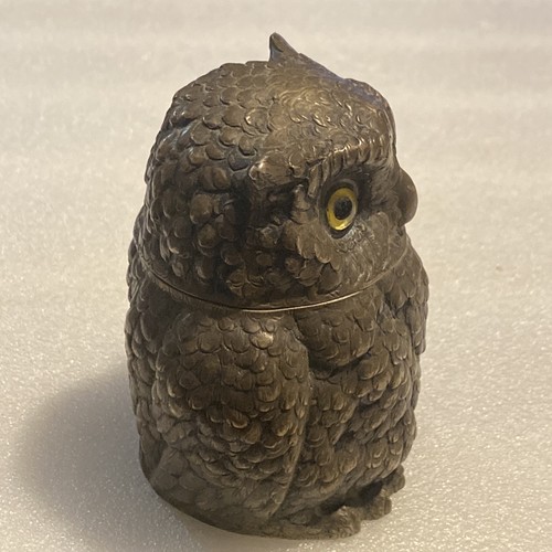 ANTIQUE .800 SILVER FIGURAL HORNED OWL with GLASS EYES MUSTARD POT, Germany - Picture 5 of 15