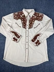 Scully Western Cowboy Pearl Snap Button Up Tan Brown Embroidered Shirt Size L