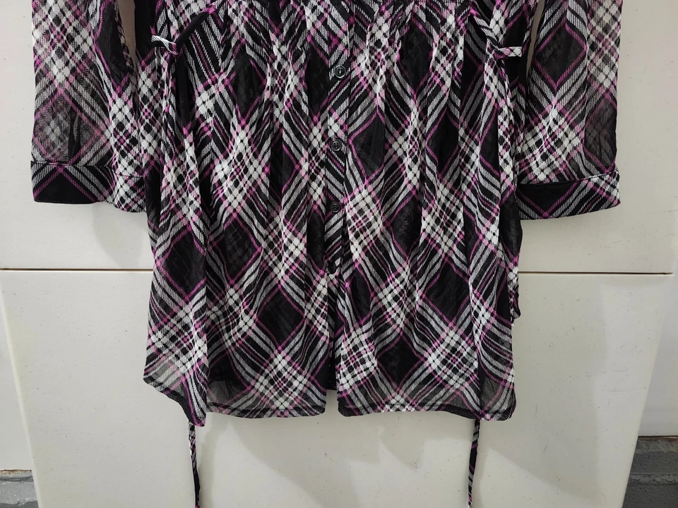 INC Top Mujer L Negro Cintura Corbata Blusa Cuadros Babydoll Barco Nylon Y2K Manga 3/4 Foto 2 de 4