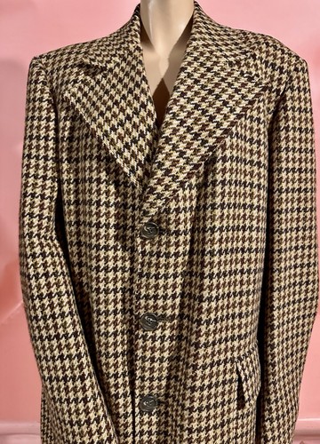 Vintage Men’s Houndstooth Wool Coat Brown Beige Tan Attached Belt 44 - Picture 7 of 15