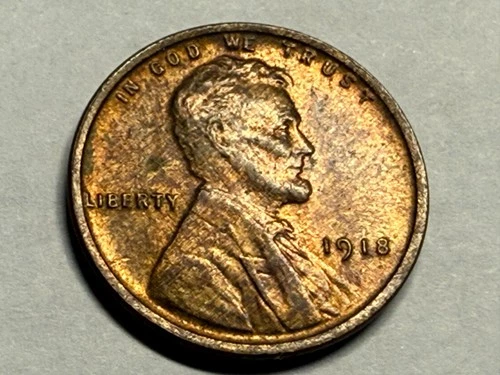 1918 Lincoln wheat cent. AU-UNC, woodgrain toning. #g2