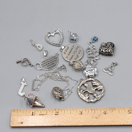 All Silver tone Pendant Lot of 16 Various Styles One Chain Included - Picture 9 of 13