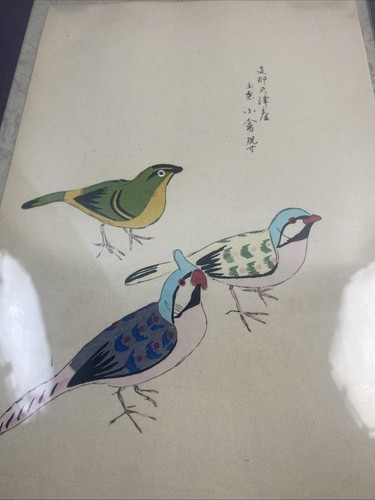 Vintage Chinoiserie Vogel Blumen Aquarell Reispapier signiert - Bild 3 von 4