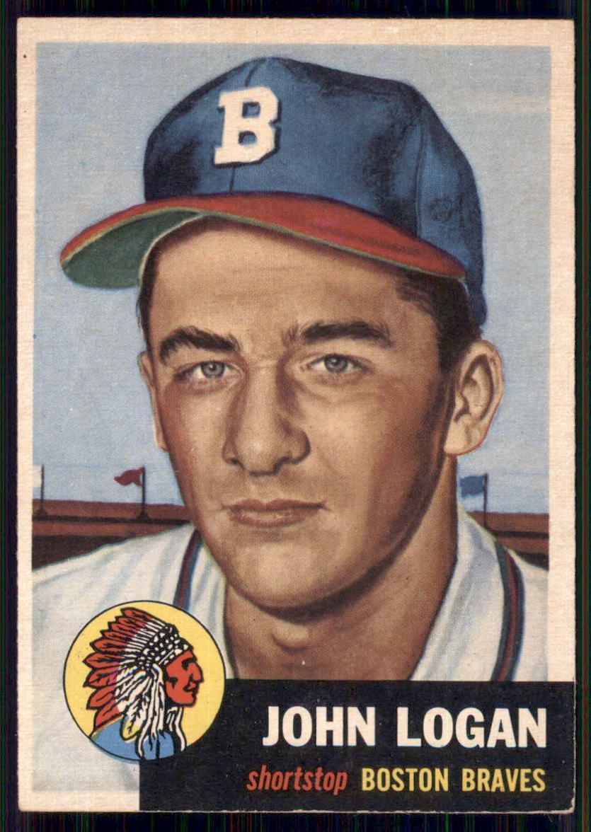 1953 Topps #158a Johnny Logan Bio uses white text