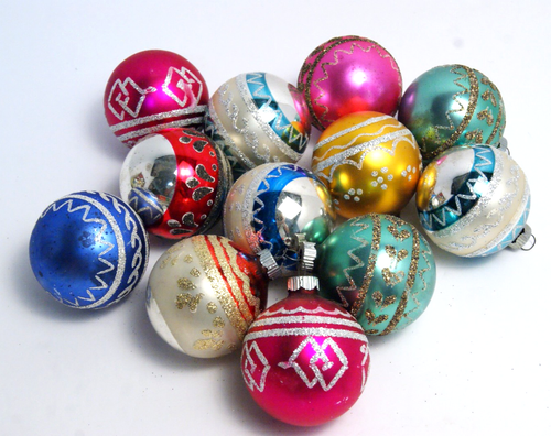 Vintage Shiny Brite Ornaments 2" Mercury Glass Set of 12 Mixed Glitter with Box - Picture 2 of 19