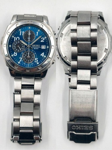 Seiko Chronograph Diver Men's Watch Blue 7T92-0CA0 Tested Quartz SS - Picture 6 of 11