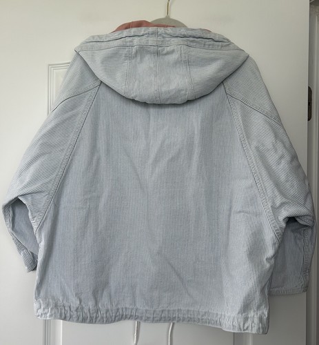 Y2K Gap 1969 Womens Blue White Railroad Stripe Denim Hooded Jacket M 3/4 Sleeve - Picture 5 of 11