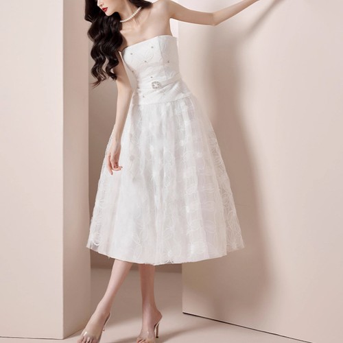 White Mesh Dress Women Summer Strapless A-line Skirt Slimming A-Line Party Dress - Picture 12 of 12