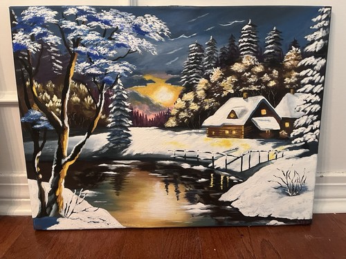 Verschneites Haus Winter Volkskunst Gemälde Haus Baum Winter Schnee Malerei 20x16 - Bild 1 von 5