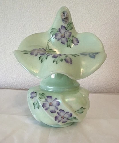 Fenton Hand Painted Art Glass Vase Light Green Floral Hand Blown Signed. 1970’s
