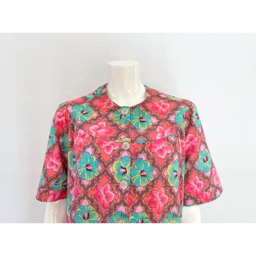 Vintage Finnish Cotton Floral 70s Dress, Pink Green Retro Summer Dress, L, D44 - Bild 3 von 11