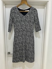 GOAT Zip Back Dress Small Leaf Print Knee Length Short Sleeve 10 UK Black White