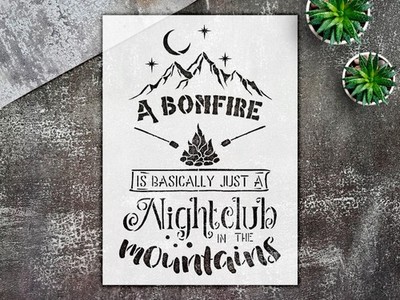 Stencil Bonfire Night Mountains - Mylar, Camping Decor, Outdoor Adventure - S...