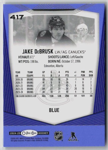2024-25 O-Pee-Chee #417 Jake DeBrusk Pee-Chee - Blue Border - Picture 2 of 2