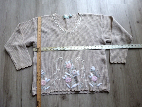 VTG Shenanigans Sweater Women L Embroidered Floral Chunky Hand Knit RAMIE Blend - Picture 3 of 11