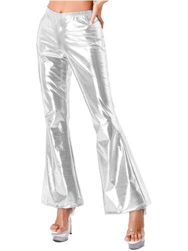 FEESHOW Womens Metallic Shiny Bell Bottom 70s Disco Pants Glossy Sparkly AU - Picture 25 of 41