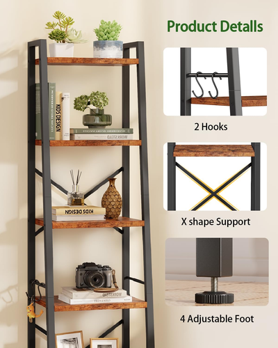 6 Tier Ladder Shelf Bookcase, Tall Ladder Bookshelf Narrow with 2 Hooks, Industr - Picture 8 of 8