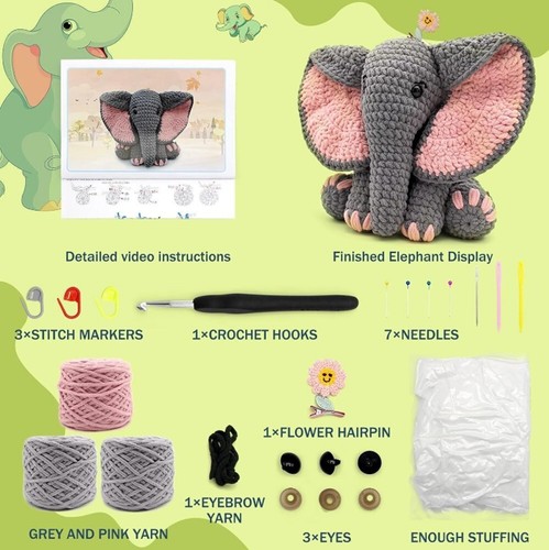 13″ Elephant Amigurumi Crochet Kit – Beginner Yarn Set with Video Tutorials - Picture 6 of 6
