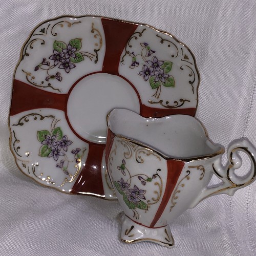 Vtg Japan Footed Expresso Small Cup Saucer Teacup Purple Floral Gold Burnt/40a