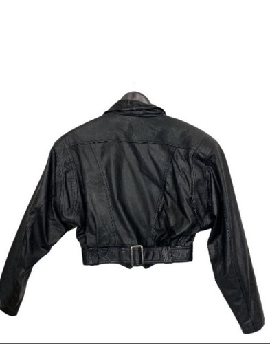 Contempo Moto Biker Jacket Black Leather Cropped zipper belted back Size M - Picture 4 of 18