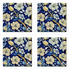 Blue Art Nouveau Flowers Ceramic Tile Set Of 4 Floral Backsplash Tiles 4.25 In