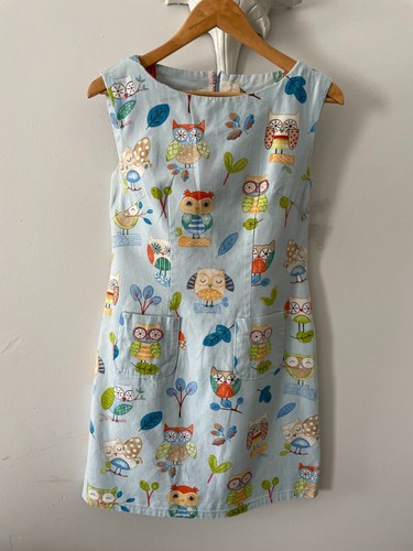 Quirky Unique HAND MADE Owl Print Cotton Canvas Mini Shift Dress Pockets Size 10 - Picture 2 of 3