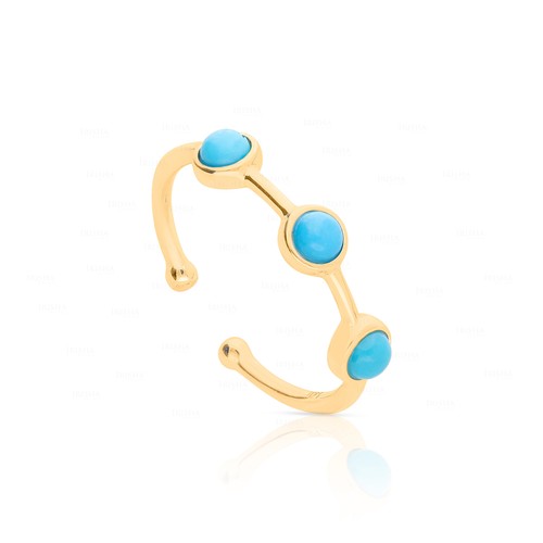 14K Gold 0.40 Ct. Genuine Three Bezel Set Turquoise Gemstone Open Cuff Ring - Picture 1 of 7