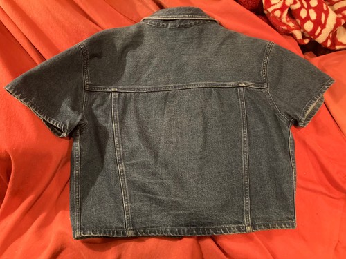 VTG British Khaki Blue Denim Shirt Short Sleeve Fitted 100% Cotton Sz 8 Mint! - Picture 8 of 10