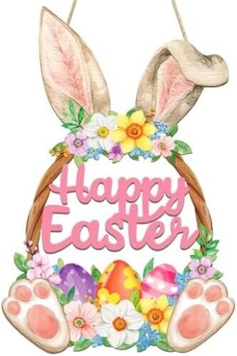 Wooden Easter Decoration Door Wreath for Front Door Sign Wall Signs Rabbit Sprin