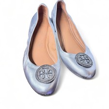 Tory Burch Liana Rhinestone Logo Silver Metallic Leather Ballet Flats Size 9.5