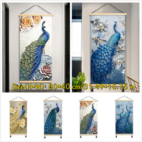 Wall Hanging Pictures Peacock Printed Poster Wooden Scroll Painting Wall Art - Foto 3 di 21