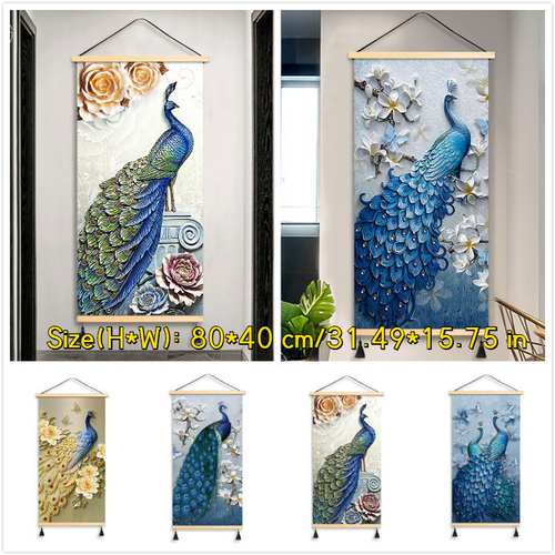 Wall Hanging Pictures Peacock Printed Poster Wooden Scroll Painting Art Decor - Picture 1 of 21