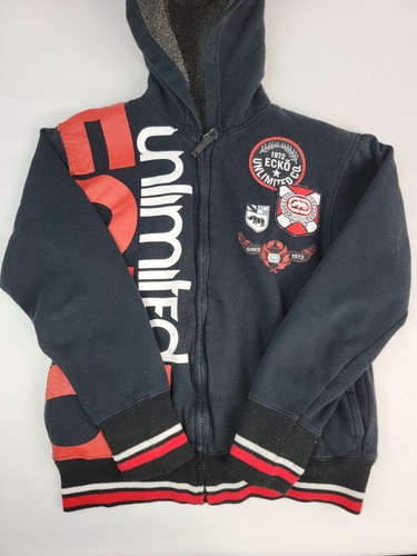Echo Unlimited Full Zip Hoodie Sherpa Lined Jacket Kids Boys Logo Medium Blk/Red - Picture 2 of 11