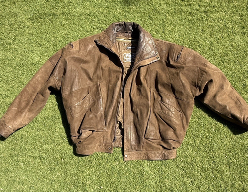 Vintage First Genuine Leather Biker Moto Bomber Jacket Brown Suede Lined - Imagen 1 de 13