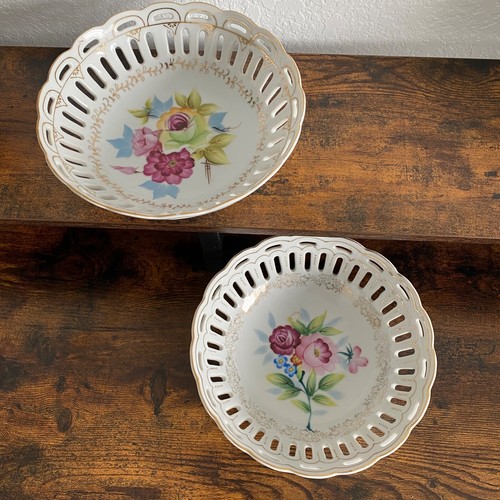 Bread Fruit Candy Serving Bowl Dish Floral Hand Painted Lattice Gold_Set of 2 - Picture 7 of 23