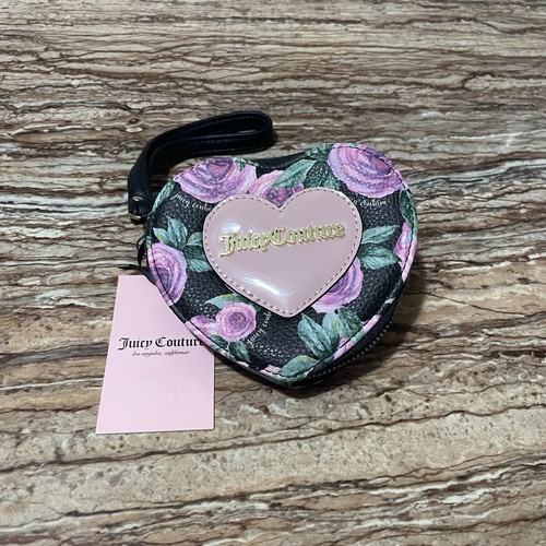 Juicy Couture Heart-Shaped Wristlet Coin Pouch Black Floral Faux Leather - Picture 8 of 10