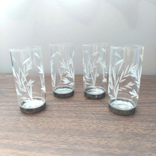 Vtg Etched Juice Glasses Crystal Leaves Silver Plate Base Retro Victorian - Picture 1 of 8