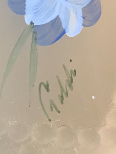 2 Vtg Frosted Art Glass Lamp Shade Hand Painted Signed Blue Flowers Scalloped - Picture 8 of 14