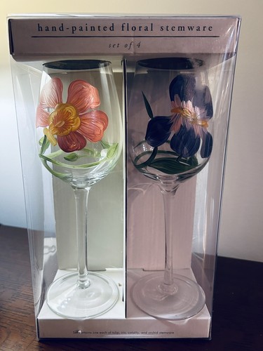 Pier 1 Floral Wine Glasses Goblets Flowers Tulip Iris Daffodil Spring NIB Set 4 - Picture 3 of 6
